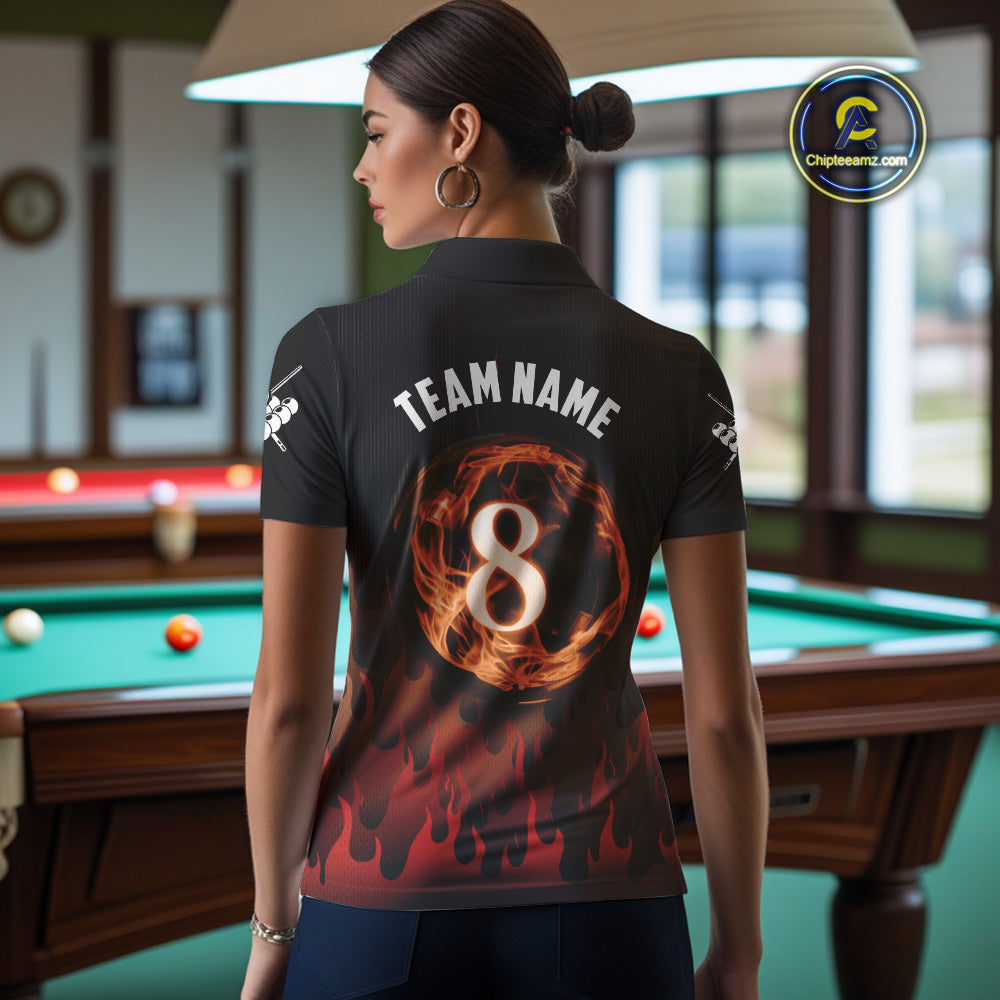 Red And Orange Flaming 8 Ball Pool Women Billiard Polo & 1/4 Zip Custom Pool Team Player Jersey TDM4185