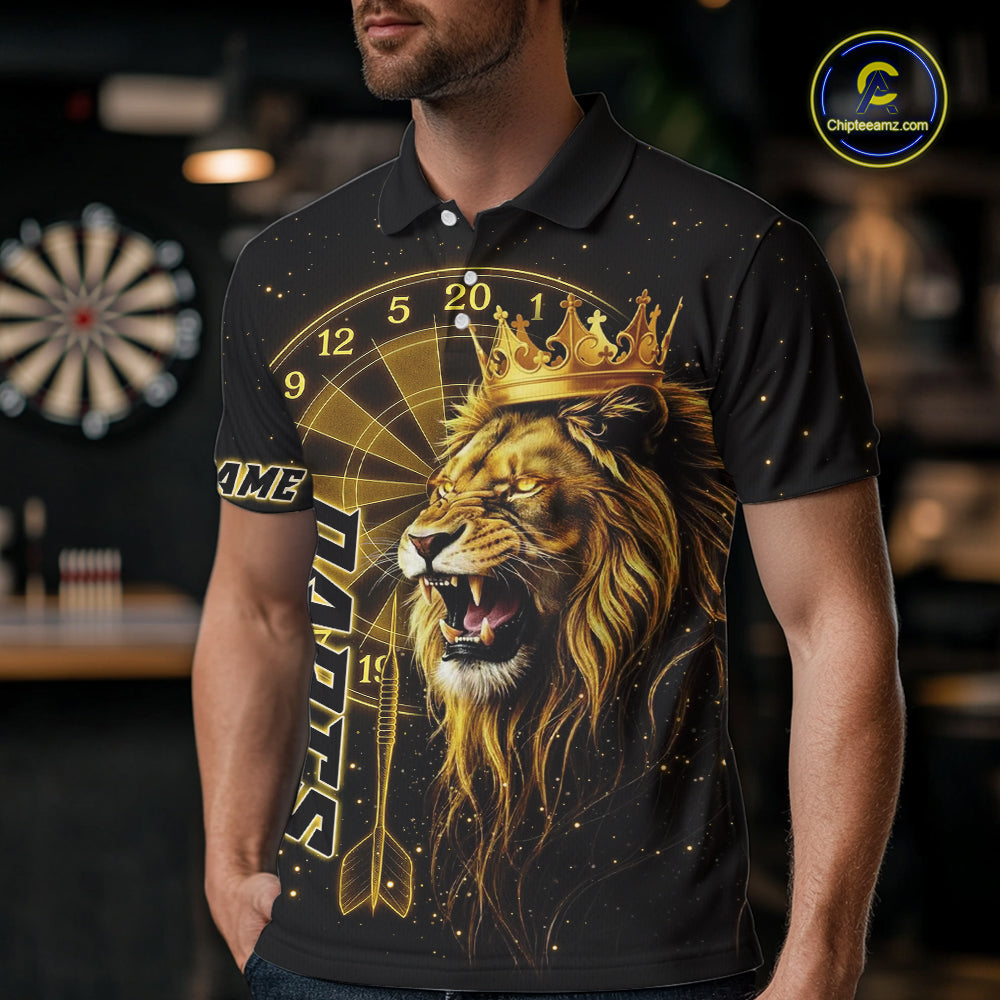 Black And Golden Funny Lion Crown Darts Shirt For Men Custom Darts League Jersey Polo & 1/4 Zip TDM5000
