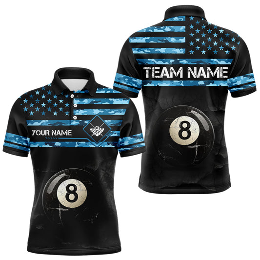 Customized Retro 8 Ball Pool Blue Camo US Flag Billiard Shirts For Men, Patriotic Billiard Jersey TDM3567