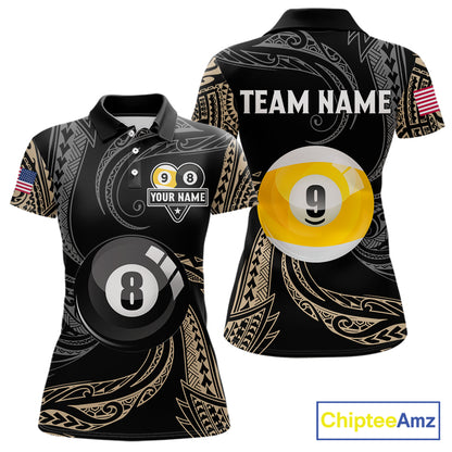 Personalized 8 Ball 9 Ball Tribal Billiard Shirt For Women Custom Pool Team Jersey Polo & 1/4 Zip TDM6335