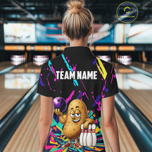 Load image into Gallery viewer, Back view of woman wearing a colorful potato bowling polo shirt inside a bowling alley.