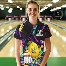 Load image into Gallery viewer, Woman wearing a colorful lemon bowling polo shirt at a bowling alley front view.