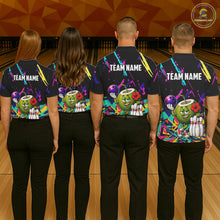 Load image into Gallery viewer, Back view of bowling team wearing matching coconut bowling shirts in a bowling alley.