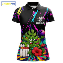 Load image into Gallery viewer, Colorful sunflower bowling polo shirt for women with vibrant custom bowling team graphics.