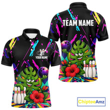 Load image into Gallery viewer, Colorful monstera hibiscus bowling polo shirt for men with tropical custom bowling team graphics.