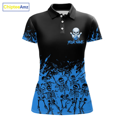 Black And Blue Funny Skeleton Bowling Shirts For Women Custom Skull Bowling League Team Jersey TDM7252