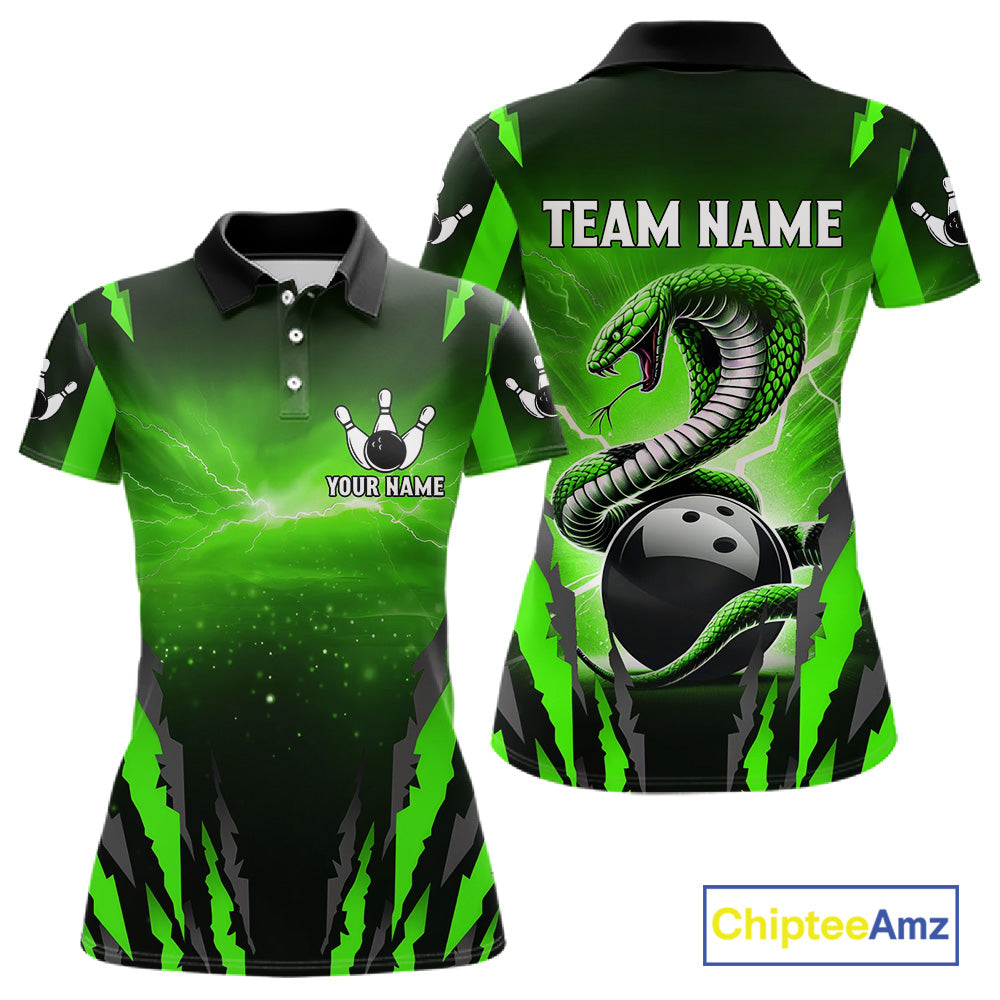 Green Thunder Lightning Cobra Snake Bowling Shirts For Women Custom Bowling Jersey Polo & 1/4 Zip TDM6084