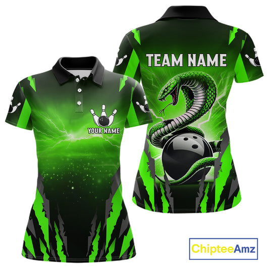 Green Thunder Lightning Cobra Snake Bowling Shirts For Women Custom Bowling Jersey Polo & 1/4 Zip TDM6084