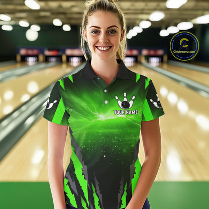 Green Thunder Lightning Cobra Snake Bowling Shirts For Women Custom Bowling Jersey Polo & 1/4 Zip TDM6084