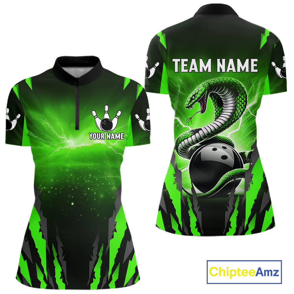 Green Thunder Lightning Cobra Snake Bowling Shirts For Women Custom Bowling Jersey Polo & 1/4 Zip TDM6084