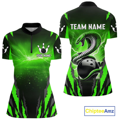 Green Thunder Lightning Cobra Snake Bowling Shirts For Women Custom Bowling Jersey Polo & 1/4 Zip TDM6084