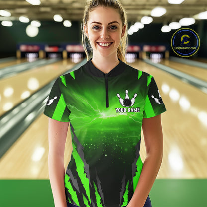 Green Thunder Lightning Cobra Snake Bowling Shirts For Women Custom Bowling Jersey Polo & 1/4 Zip TDM6084