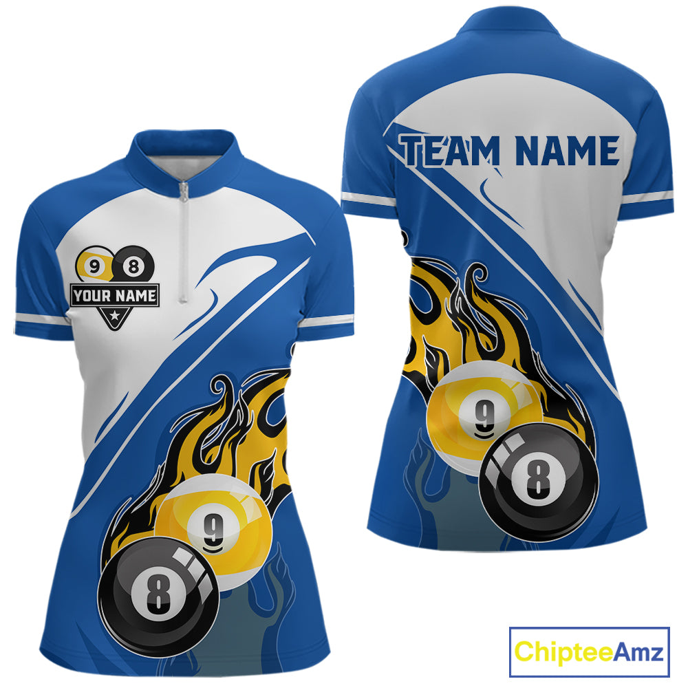 White And Blue 8 Ball & 9 Ball Flame Billiard Shirt For Women Custom Pool Team Jersey Polo & 1/4 Zip TDM6345
