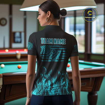 Turquoise Flaming American Flag Women's Billiard Shirt Custom Patriotic Pool Player Billiard Jersey TDM4194