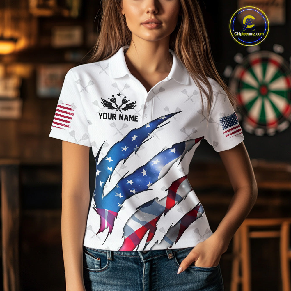 Personalized Glowing American Flag Patriotic Dart Shirt For Women, Darts Team Jerseys Polo & 1/4 Zip TDM4594