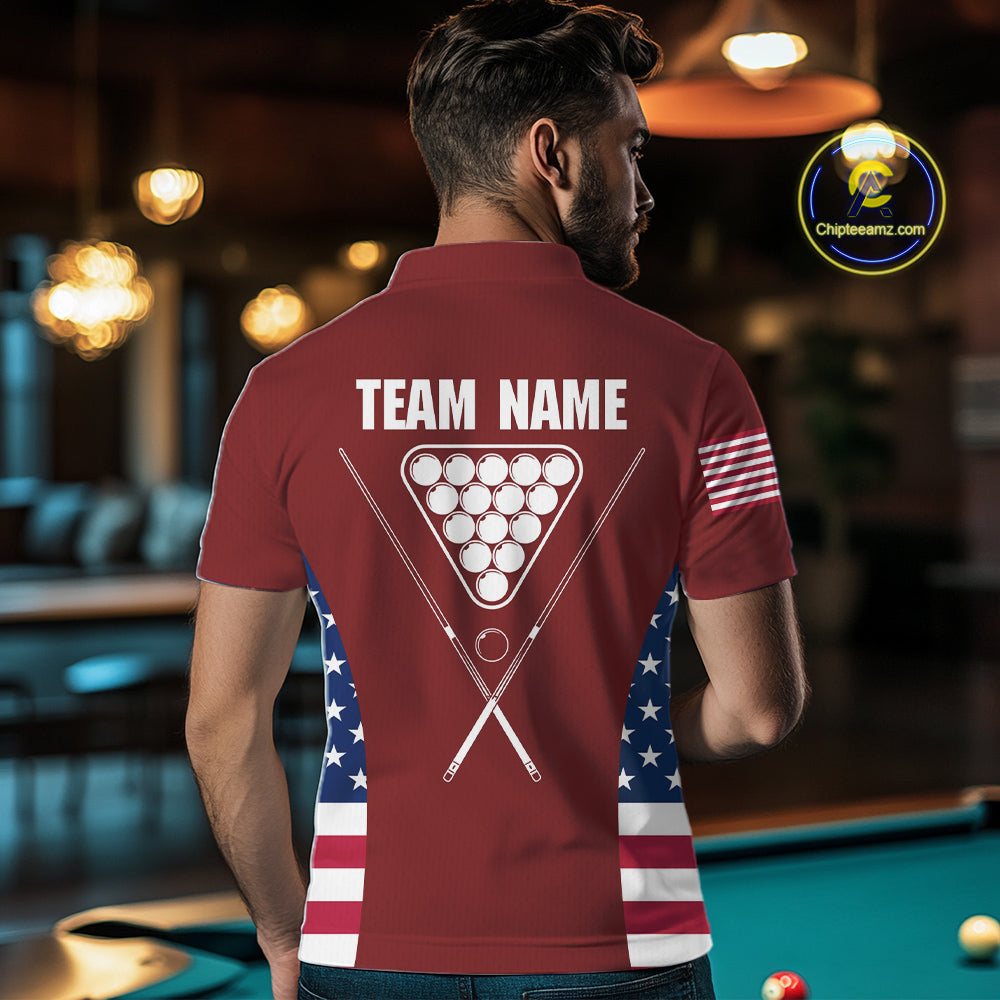 Personalized US Flag 8 Ball Pool Billiard Shirt For Men, Billiard Team Jersey Polo & 1/4 Zip |Red TDM5477