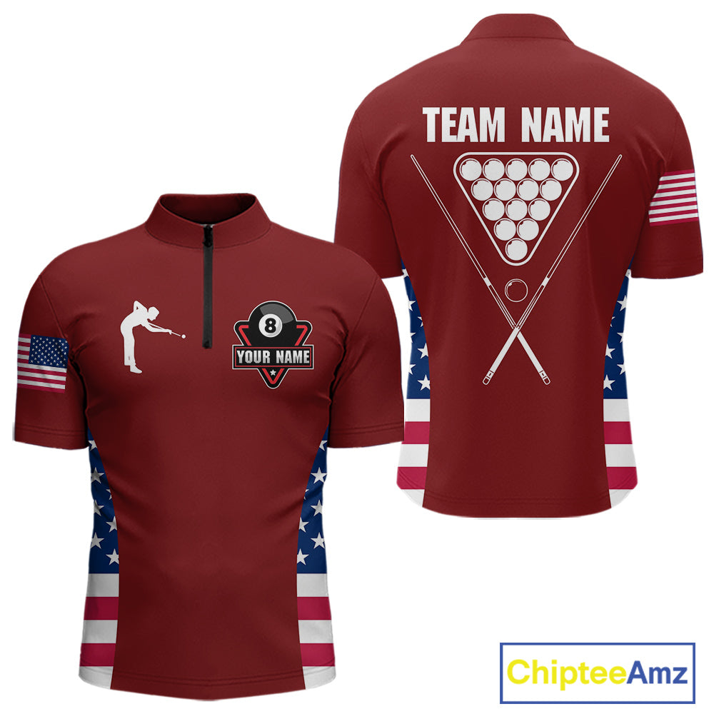 Personalized US Flag 8 Ball Pool Billiard Shirt For Men, Billiard Team Jersey Polo & 1/4 Zip |Red TDM5477