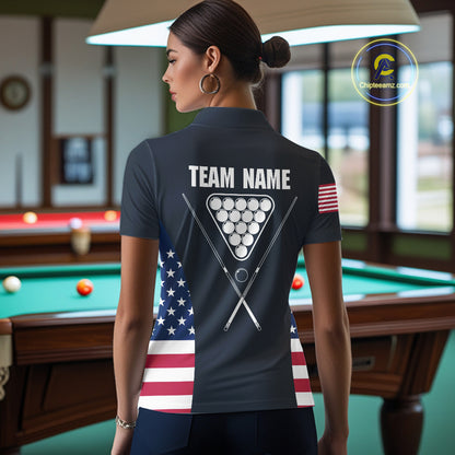Custom US Flag 8 Ball Pool Billiard Shirt For Women, Billiard Team Jersey Polo & 1/4 Zip |Navy Blue TDM5478