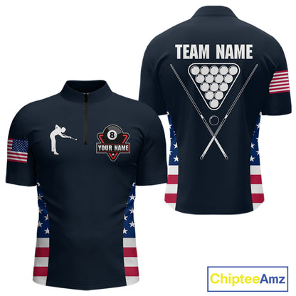 Custom US Flag 8 Ball Pool Billiard Shirt For Men, Billiard Team Jersey Polo & 1/4 Zip |Navy Blue TDM5478