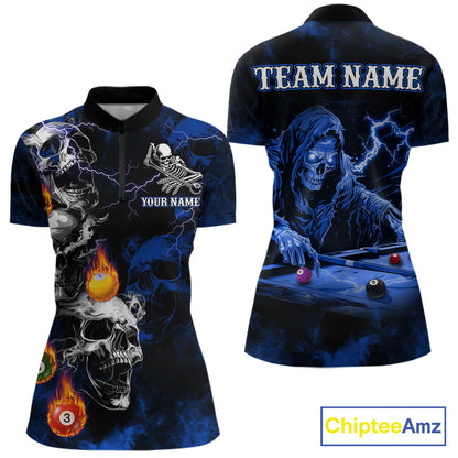 Personalized Smoke Skull Blue Billiard Shirts For Women, Grim Reaper Pool Jersey Team Polo & 1/4 Zip TDM5934