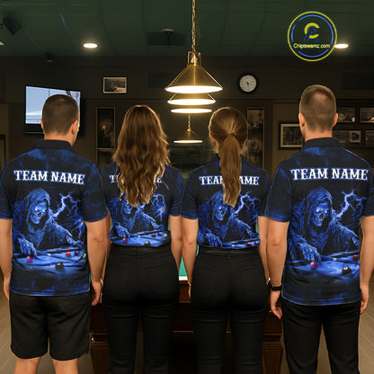 Personalized Smoke Skull Blue Billiard Shirts For Women, Grim Reaper Pool Jersey Team Polo & 1/4 Zip TDM5934