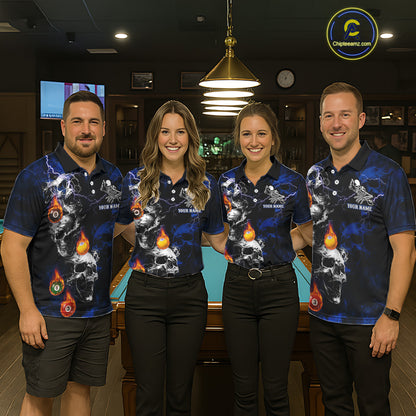 Personalized Smoke Skull Blue Billiard Shirts For Women, Grim Reaper Pool Jersey Team Polo & 1/4 Zip TDM5934