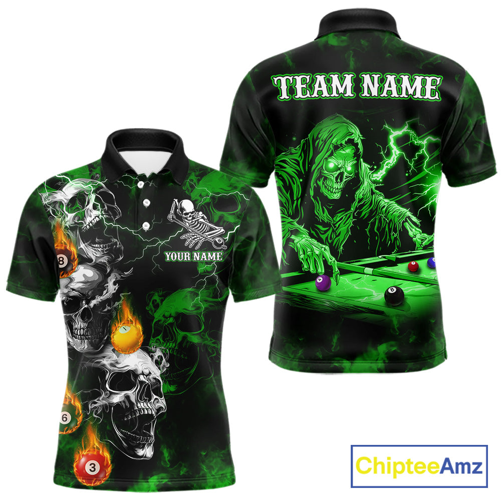 Personalized Smoke Skull Green Billiard Shirts For Men, Grim Reaper Pool Jersey Team Polo, 1/4 Zip TDM5935