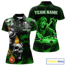 Load image into Gallery viewer, Personalized Smoke Skull Green Billiard Shirts For Women, Grim Reaper Pool Jersey Team Polo, 1/4 Zip TDM5935