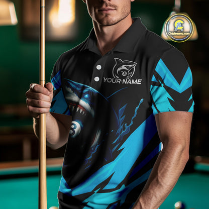 Personalized Blue 8 Ball Pool Billiard Shark Polo & 1/4 Zip For Men, Billiard Team Pool Jerseys TDM4013