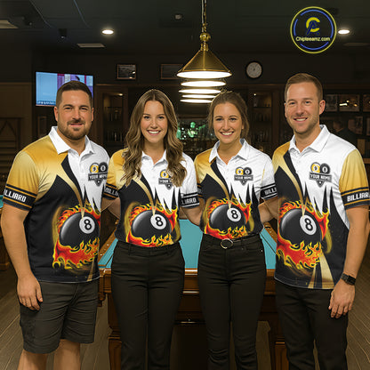 Custom Flame 8 Ball & 9 Ball Billiard Shirt For Men, Pool Team Jersey Polo & Quarter Zip |Gold TDM6539