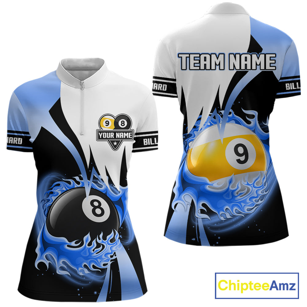 Custom Flame 8 Ball & 9 Ball Billiard Shirt For Women, Pool Team Jersey Polo & Quarter Zip |Blue TDM6540