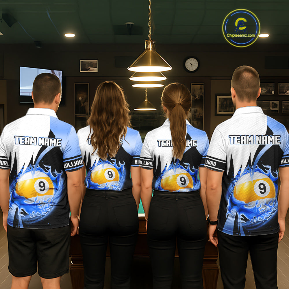 Custom Flame 8 Ball & 9 Ball Billiard Shirt For Men, Pool Team Jersey Polo & Quarter Zip |Blue TDM6540