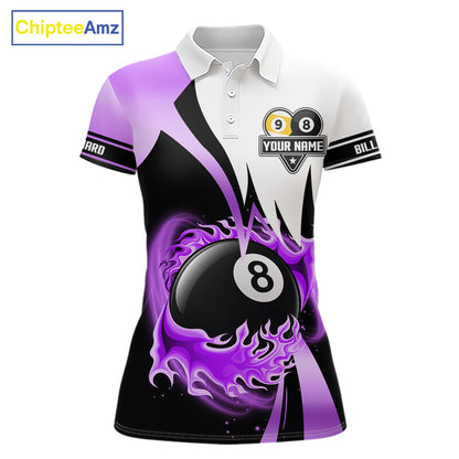 Custom Flame 8 Ball & 9 Ball Billiard Shirt For Women, Pool Team Jersey Polo & Quarter Zip |Purple TDM6541