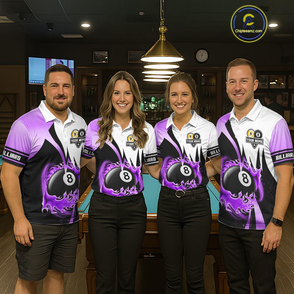 Custom Flame 8 Ball & 9 Ball Billiard Shirt For Men, Pool Team Jersey Polo & Quarter Zip |Purple TDM6541