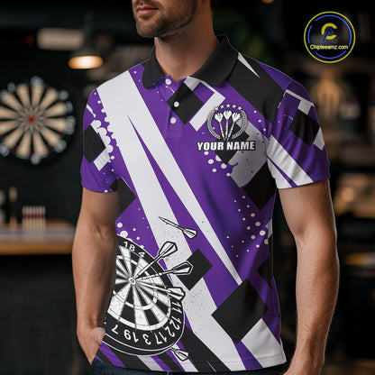 Custom Purple Geometric Darts Polo & Quarter Zip For Men, Darts Team Jersey Outfit TDM5025