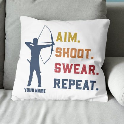 Funny Vintage Archery Aim Shoot Swear Repeat Custom Name White Pillow TDM0755