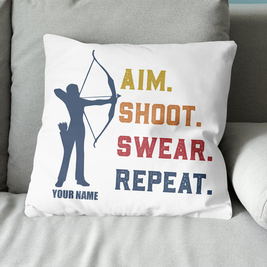 Funny Vintage Archery Aim Shoot Swear Repeat Custom Name White Pillow TDM0756