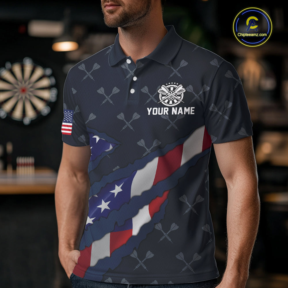 Navy Blue American Flag Darts Shirt For Men Custom Darts Polo & 1/4 Zip, Patriotic Darts Jersey TDM5954