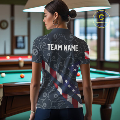 Navy Blue US Flag 8 Ball Billiard Shirt For Women Custom Patriotic Pool Team Jersey Polo & 1/4 Zip TDM5955