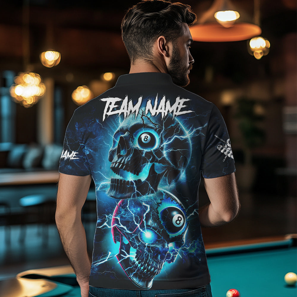 Personalized Blue Billiard 8 Ball Skull Billiard Polo & 1/4 Zip For Men, Lightning Billiard Jerseys TDM3747