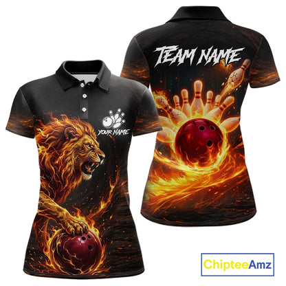 Personalized Fire Flame Lion Bowling Jersey For Women Custom Bowling Team Shirt Polo & 1/4 Zip TDM6115