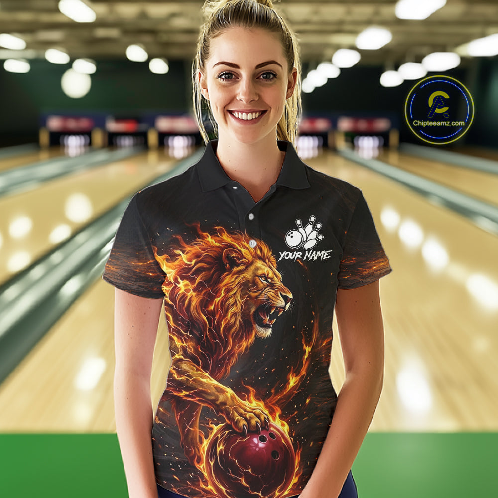 Personalized Fire Flame Lion Bowling Jersey For Women Custom Bowling Team Shirt Polo & 1/4 Zip TDM6115