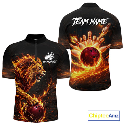 Personalized Fire Flame Lion Bowling Jersey For Men Custom Bowling Team Shirt Polo & 1/4 Zip TDM6115