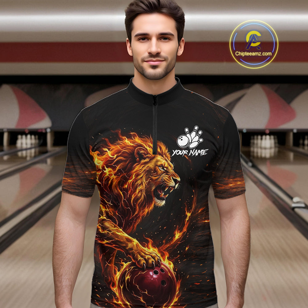 Personalized Fire Flame Lion Bowling Jersey For Men Custom Bowling Team Shirt Polo & 1/4 Zip TDM6115