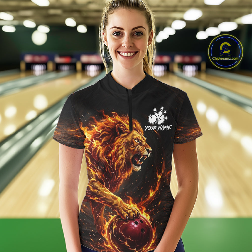 Personalized Fire Flame Lion Bowling Jersey For Women Custom Bowling Team Shirt Polo & 1/4 Zip TDM6115