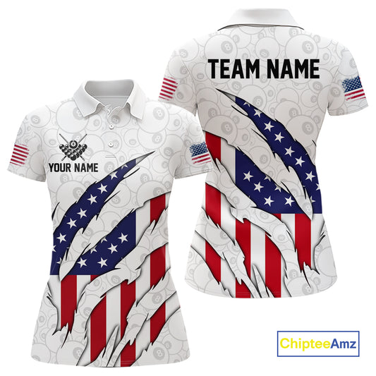 Personalized American Flag Billiard Shirts For Women, Patriotic 8 Ball Pool Team Jersey | White TDM4026