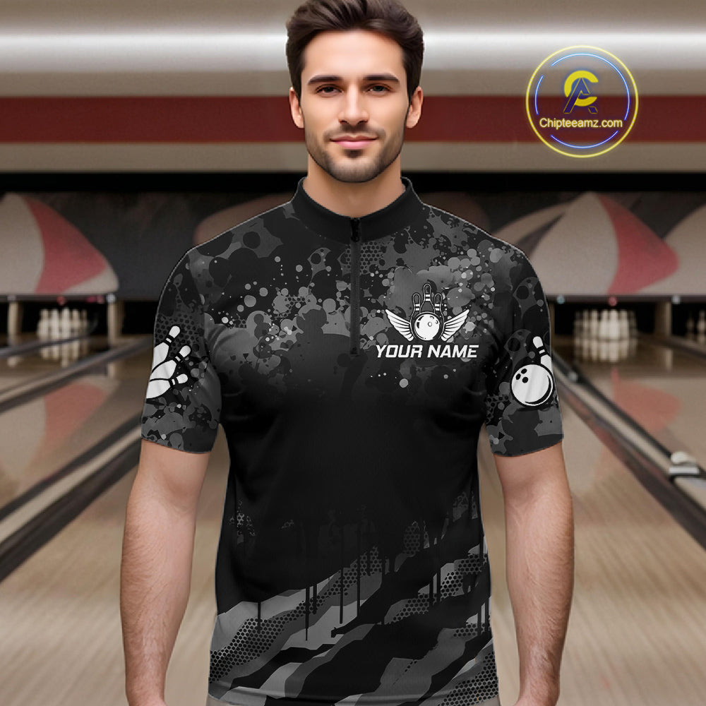 Custom Black And Grey Camo Bowling Shirt For Men, Grunge Bowling Team Jersey Polo & 1/4 Zip TDM6543