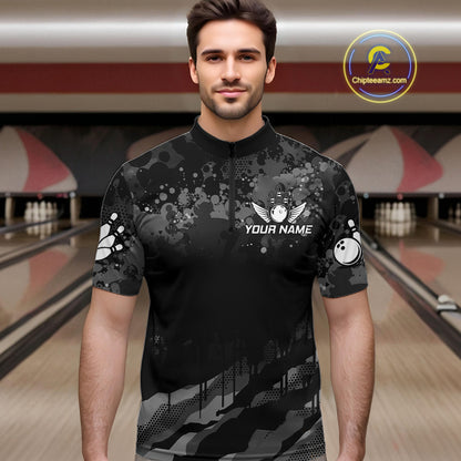 Custom Black And Grey Camo Bowling Shirt For Men, Grunge Bowling Team Jersey Polo & 1/4 Zip TDM6543