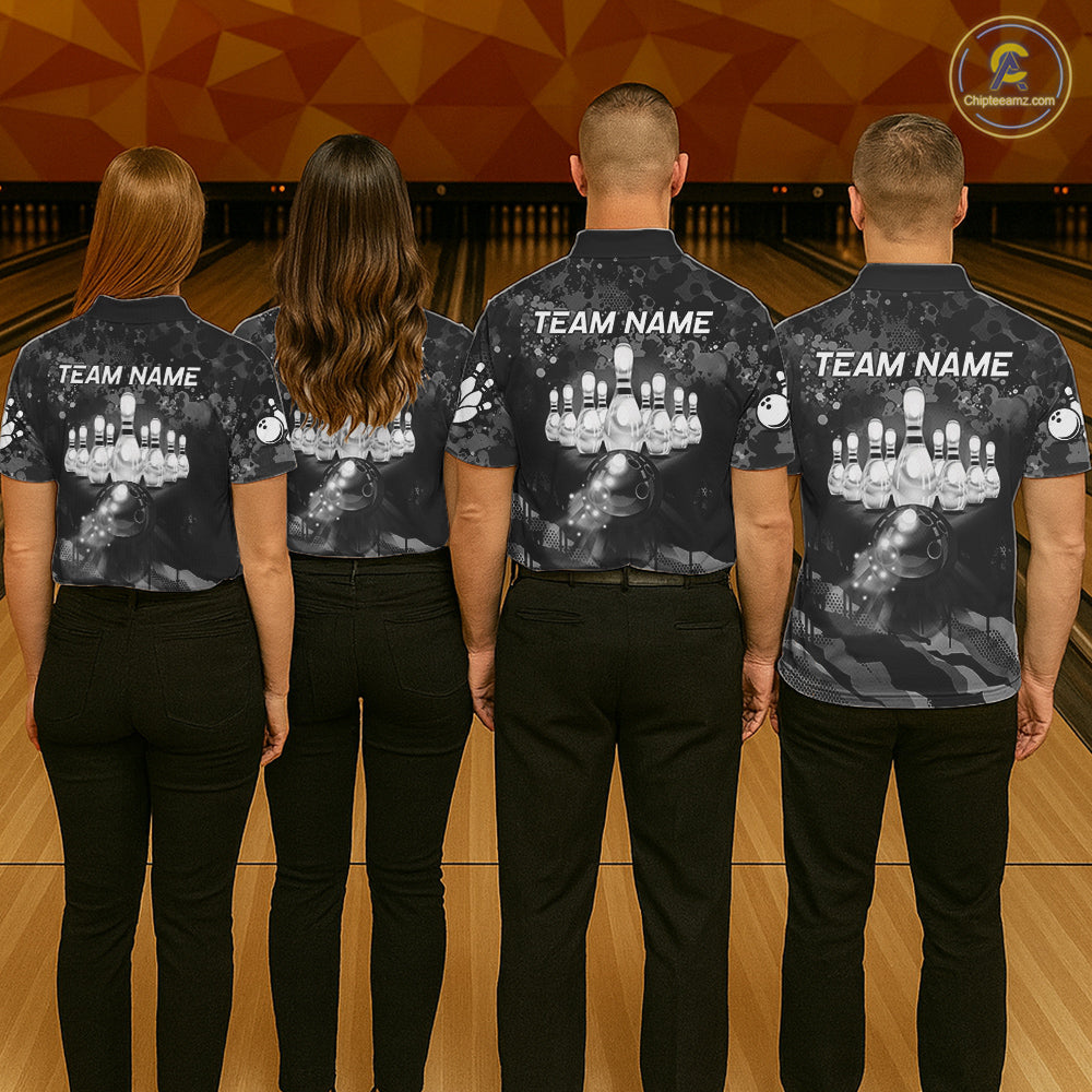 Custom Black And Grey Camo Bowling Shirt For Women, Grunge Bowling Team Jersey Polo & 1/4 Zip TDM6543