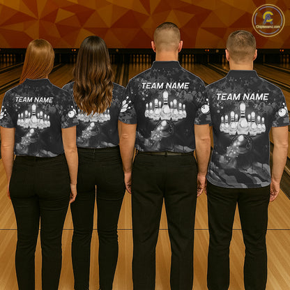 Custom Black And Grey Camo Bowling Shirt For Women, Grunge Bowling Team Jersey Polo & 1/4 Zip TDM6543
